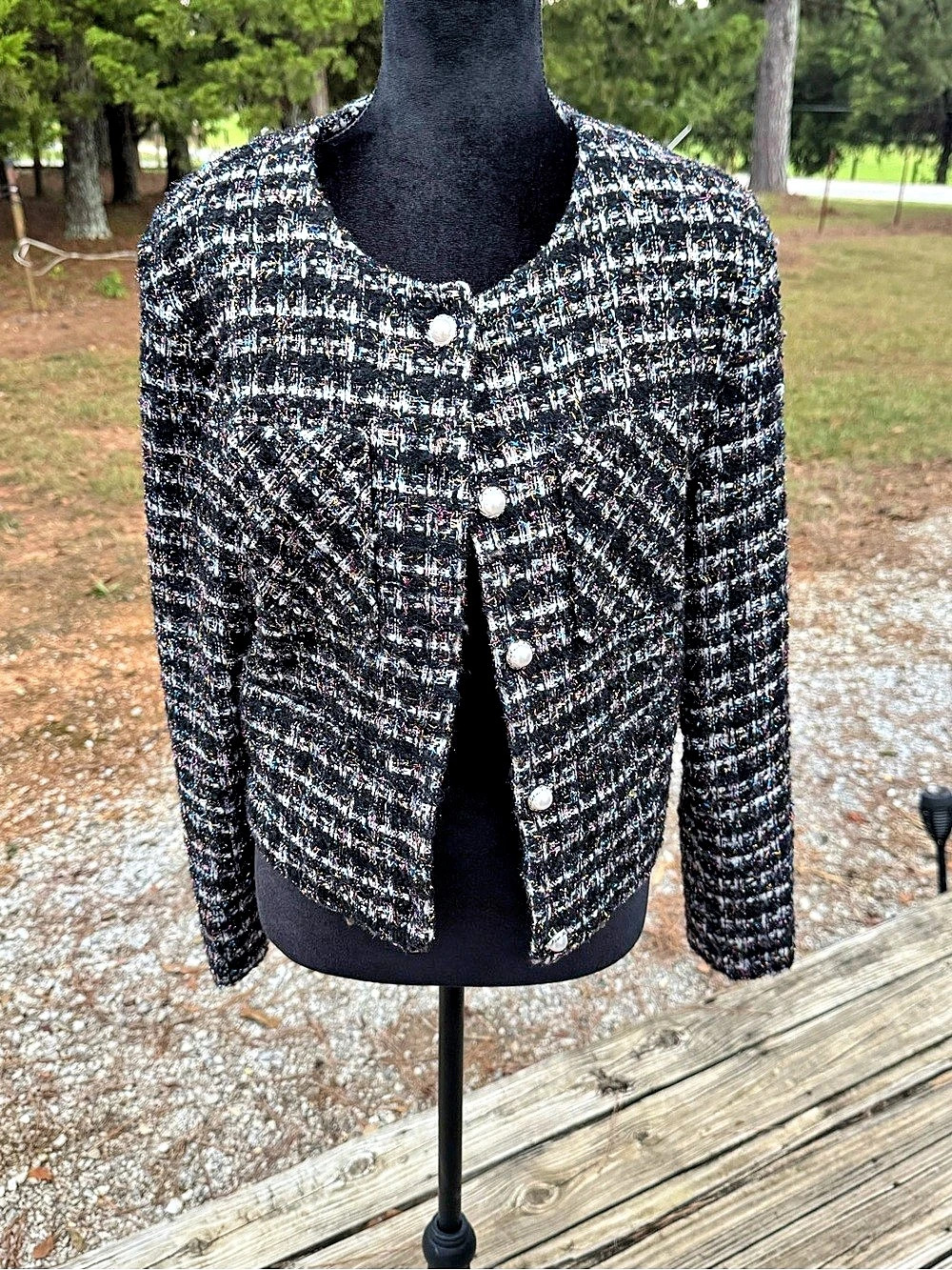 Bagatelle Tweed Button Front Jacket in Black & White Like New